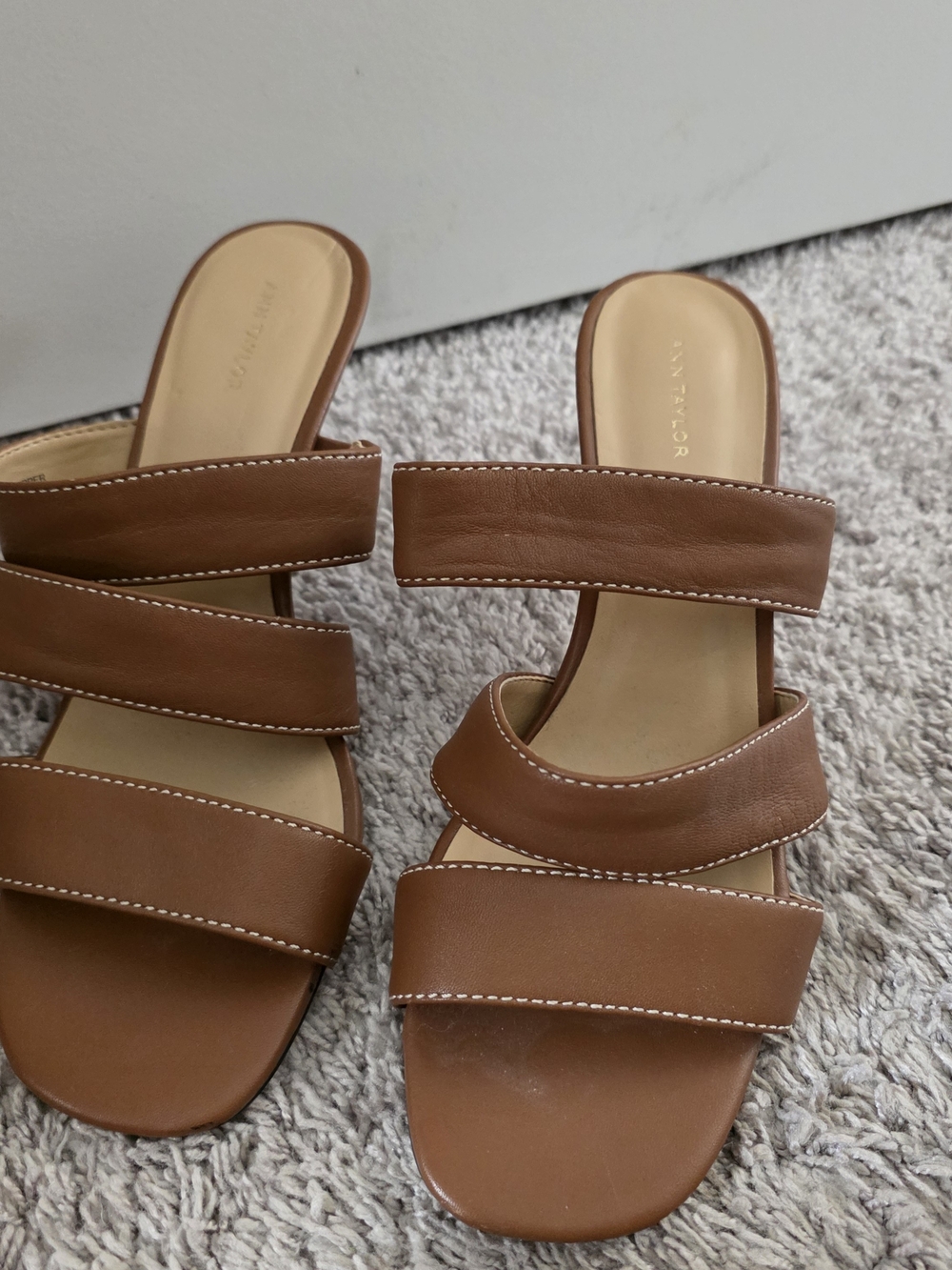 Ann Taylor Triple-Strap Tan Slide Sandals